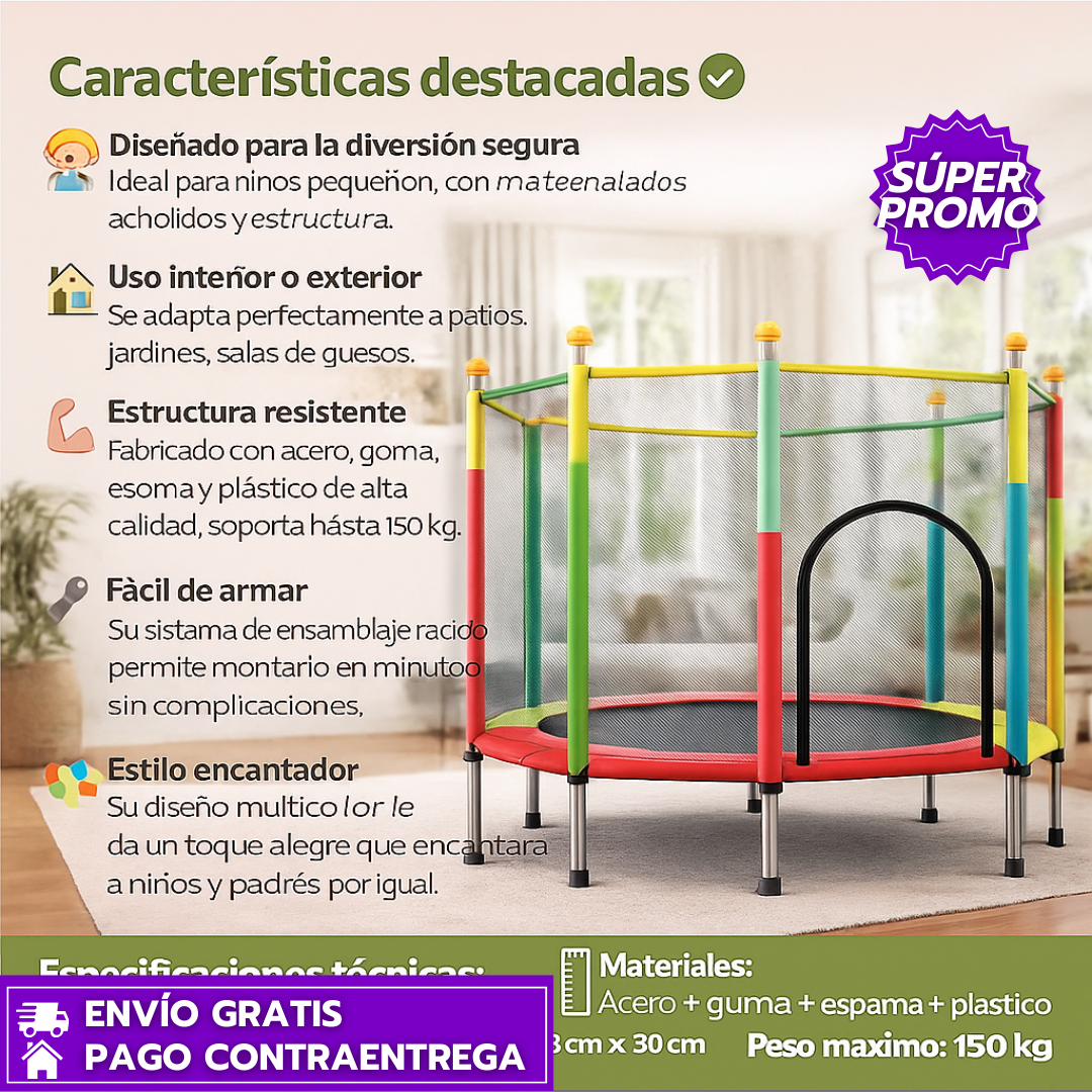 Jumpix™: Trampolín Grande y Seguro Ideal para Interior o Exterior